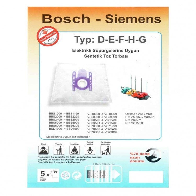 Bosch - Siemens - Profilo Typ: D-E-F-H-G Elektrikli Süpürge Torbası (5 adet)