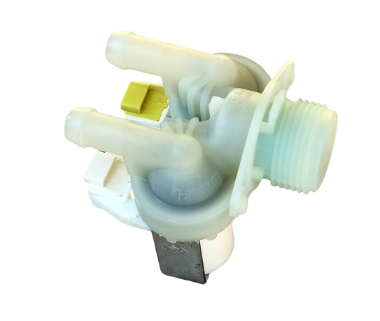 Çamaşır Makinası İkili Su Giriş Vanası 180° Plastik Braketli Soket Beyaz Bobin